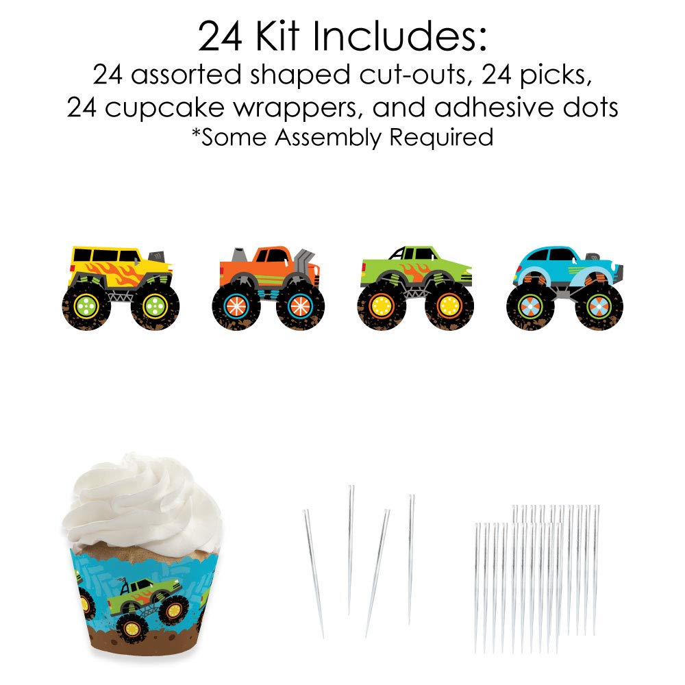 Big Dot of Happiness Monster Truck Cupcake Decoration Kit, Set of 24, Blue, Green, Orange, White, Model BT8111tpk