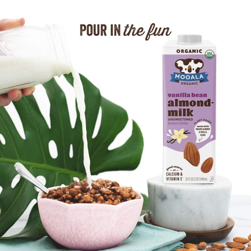Mooala Organic Vanilla Bean Almond Milk Unsweetened 32 fl oz (Pack of 6) - Shelf-Stable, Lactose Free, Gluten-Free, Vegan, No Ad