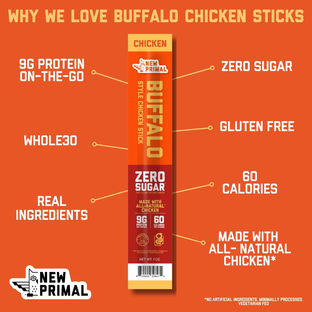 New Primal Buffalo Chicken Sticks, Keto, Gluten Free Healthy Snacks, Sugar Free Low Carb High Protein, Jerky Meat Stick, 9G Prot