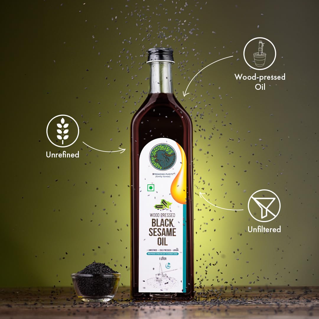 Girorganic Wood Pressed Black Sesame Oil-1Litre Glass Bottle,Unrefined/Unfiltered Cold Pressed Virgin Oil,Kacchi Ghani/Gingelly