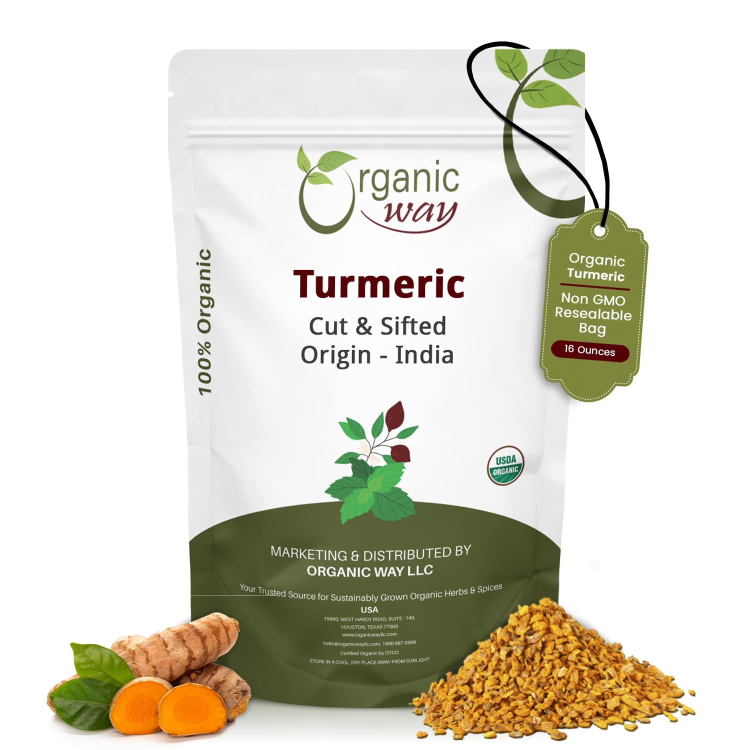 Organic Way Turmeric Root Cut & Sifted Herbal Tea - Vegan, Non-GMO, Gluten Free, 1 Pound
