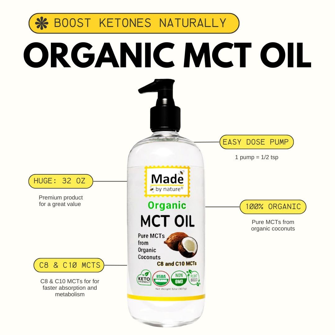 Made By Nature Organic Mct Oil, 32 Oz, Pure Mcts From Coconuts, C8 And C10 Mcts, Keto Diet Friendly, Use In Coffee, High Bioavai
