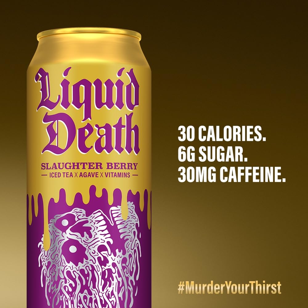 Liquid Death Slaughter Berry Iced Tea, Raspberry Black Tea, Low Calorie, 8-Pack (19.2oz Cans)