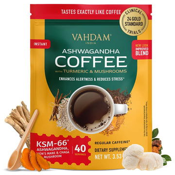 Vahdam, Instant Mushroom Coffee With Ksm 66 Ashwagandha (250Mg, 40 Servings), Turmeric, Lion'S Mane And Chaga Mushroom | 100% Arabica Coffee | Supports Better Focus And Immunity | Enjoy Hot Or Iced