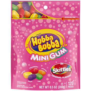 HUBBA BUBBA Minis SKITTLES Flavored Bubble Gum Sugar Free, 120 Ct Resealable Bulk Bag (Pack of 8)