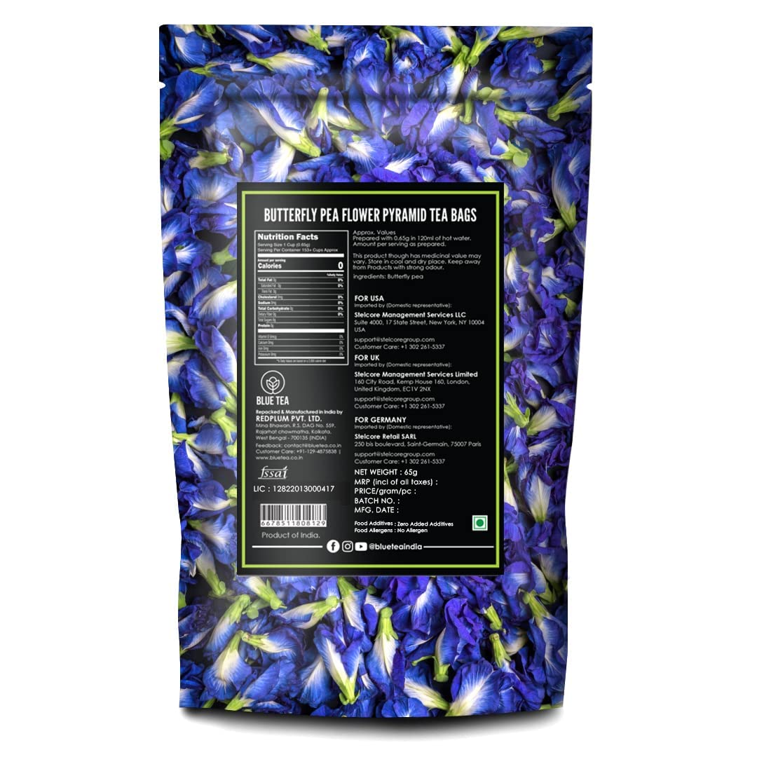 BLUE TEA - Butterfly Pea Flower Tea - 100 Count - Pyramid Plant Based Tea Bag | Black Deals Friday 2025 | ANTIOXIDANT RICH | Tea Gift - Herbal Tea - Flower Based - Caffeine Free - Non-Bitter | Zipper Pack
