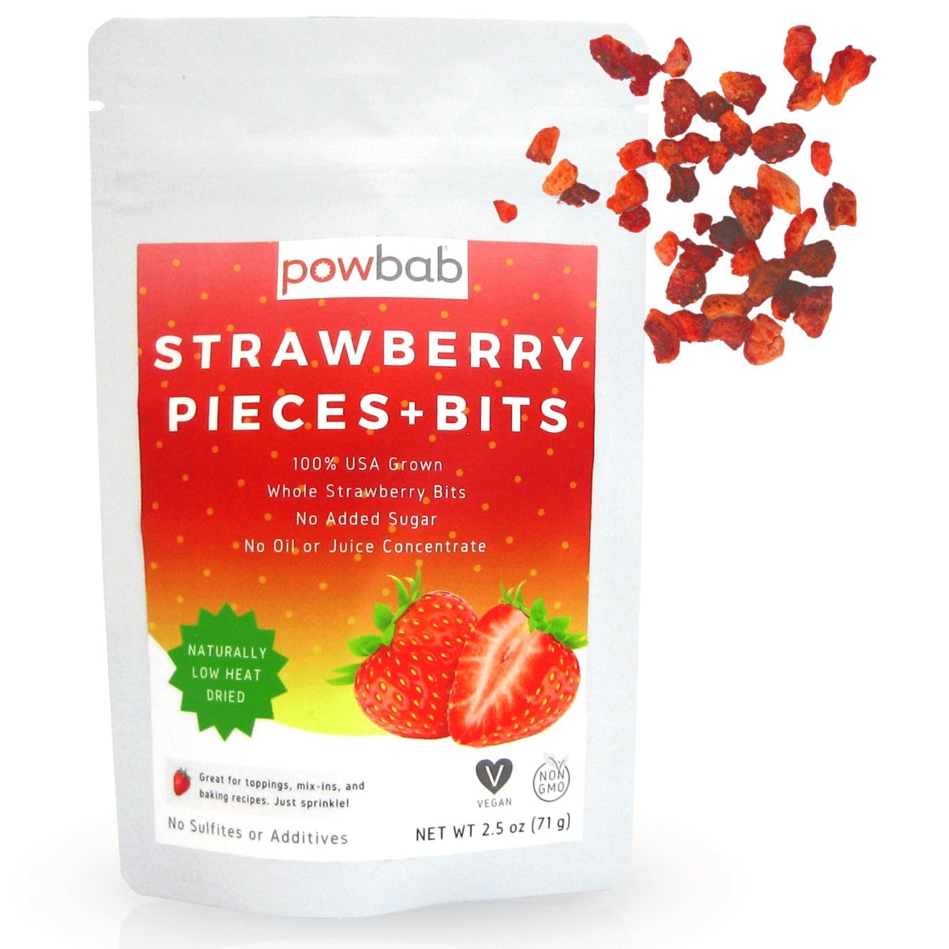 powbab Strawberry Pieces + Bits. 100% USA Grown Dried Strawberry Bits. No Sugar Added, Unsweetened Strawberry Perfect for Baking