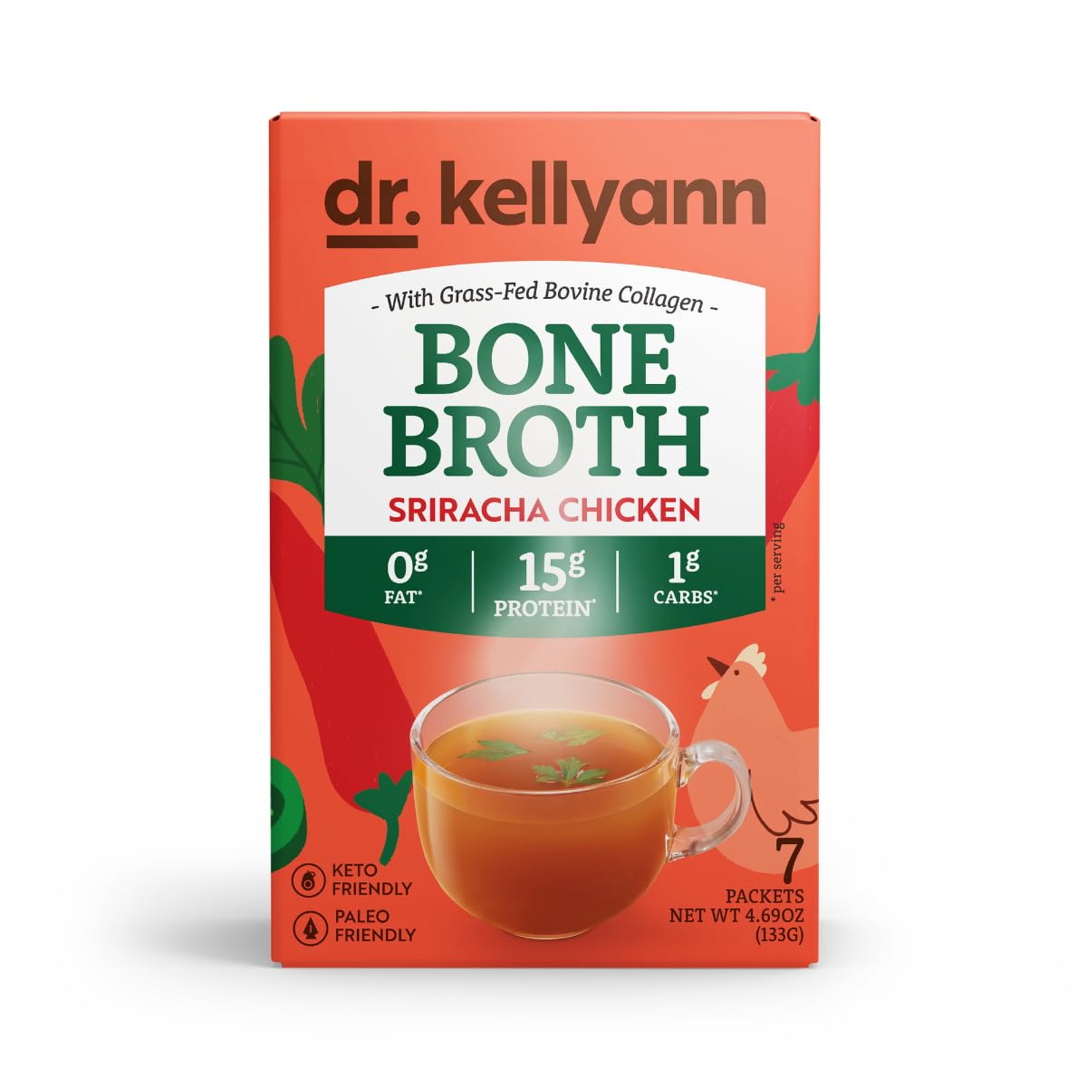 Dr. Kellyann Sriracha Chicken Bone Broth Packets (7 Servings) - 16g Protein, Grass-Fed Collagen, Keto & Paleo-Friendly, 1 Box