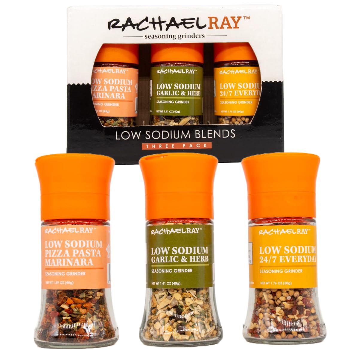 Rachael Ray Seasoning Set Low Salt 3 Pack Grinders Gift Set | Garlic & Herb, Everyday, And Marinara Seasonings