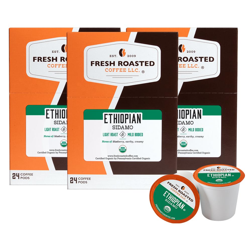 Fresh Roasted Coffee K-Cup Compatible Organic Ethiopian Sidamo 72 Pods Fair Trade Kosher Coffee