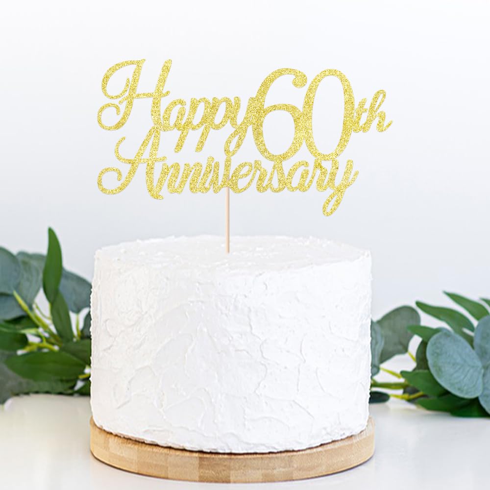 Auteby Happy 60Th Anniversary Cake Topper, Gold Glitter 60Th Birthday/Wedding Anniversary Party Decoration Supplies (60)