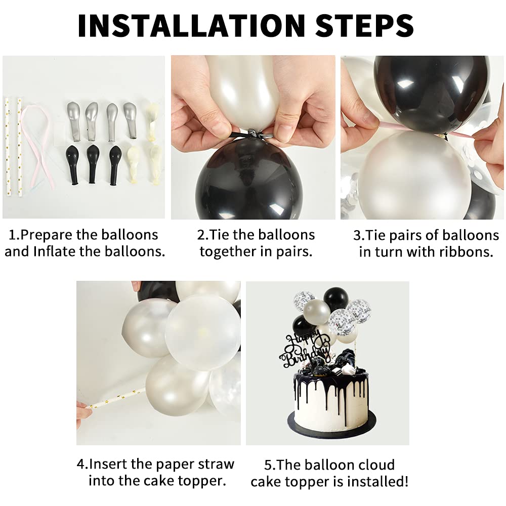 Beishida 5 Inch 10Pcs Balloon Cloud Cake Topper Silver Black Happy Birthday Cake Toppers Mini Balloon Cake Topper Garland With H