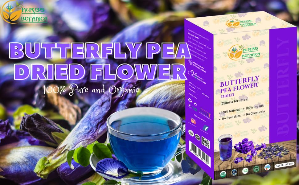 Herbs Botanica Dried Butterfly Pea Flowers For Tea Premium Herbal Tea 100% Clitoria Ternatea Flower Non Toxic, Vegan, Caffiene F