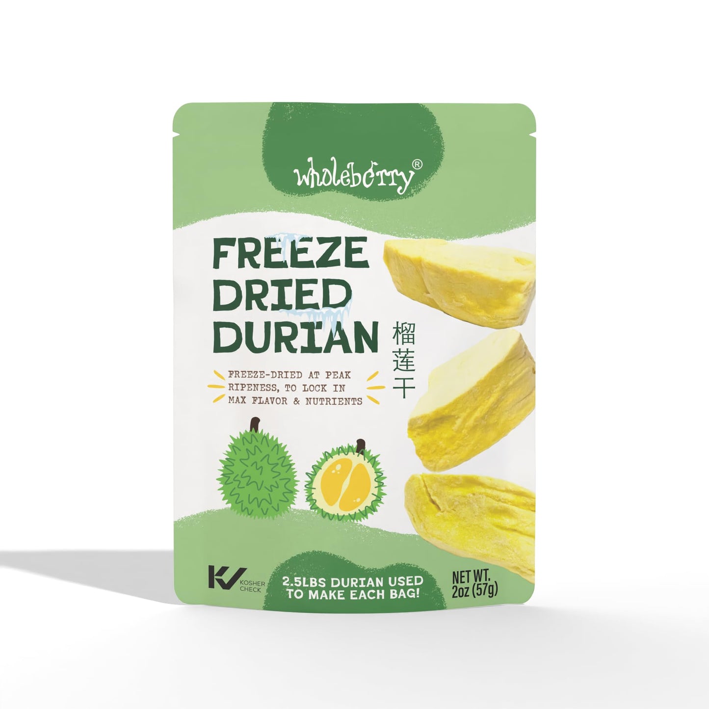 Wholeberry Freeze Dried Durian 2oz Freeze Dried Fruit Snack Perfect for Smoothies, Baking, Yogurt & Tea - 100% Natural Ripe Frui