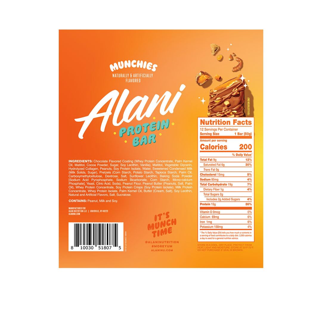 Alani Nu Protein MUNCHIES Bars, High Protein 18g, Low-Sugar 6g, Gluten-Free, Pack of 12, Brown