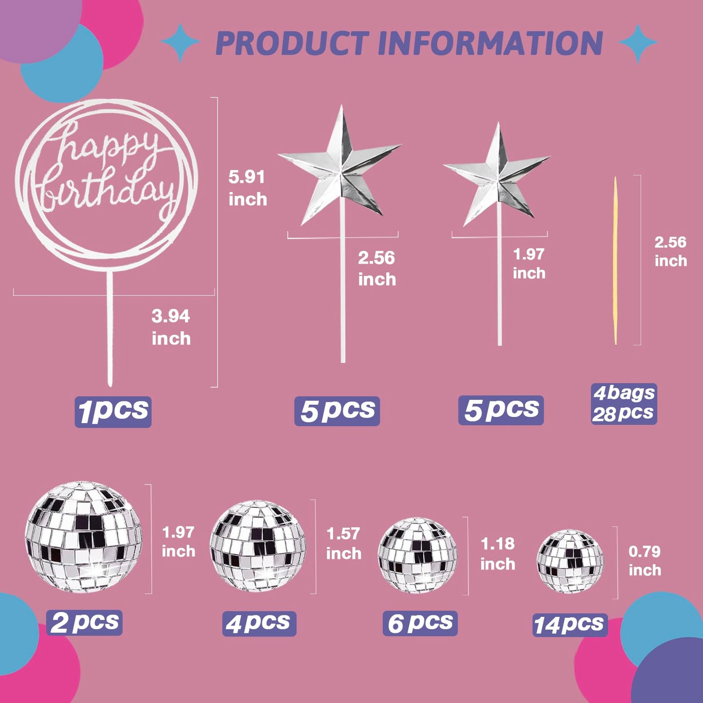 37Pcs Disco Ball Cake Toppers Silver Disco Balls Cake Decorations With Mirror Balls Happy Birthday Cake Topper Star Cake Toppers