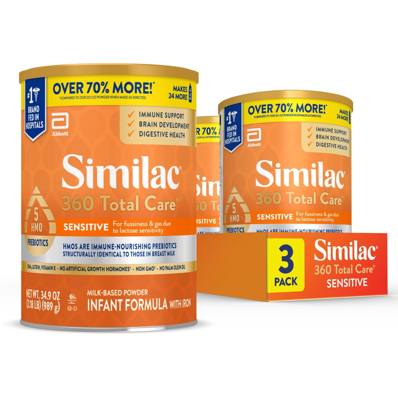 Similac 360 Total Care Sensitive Infant Formula for Fussiness & Gas Due to Lactose Sensitivity, Has 5 HMO Prebiotics, Baby Formu