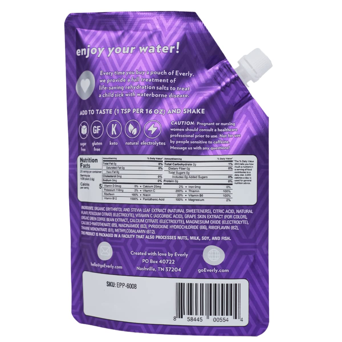Everly G  Energy Drink Mix - Sugar Free, Organic Caffeine, 2.5 oz Pouch, Keto Friendly, Water Flavor Enhancer, 20 Servings
