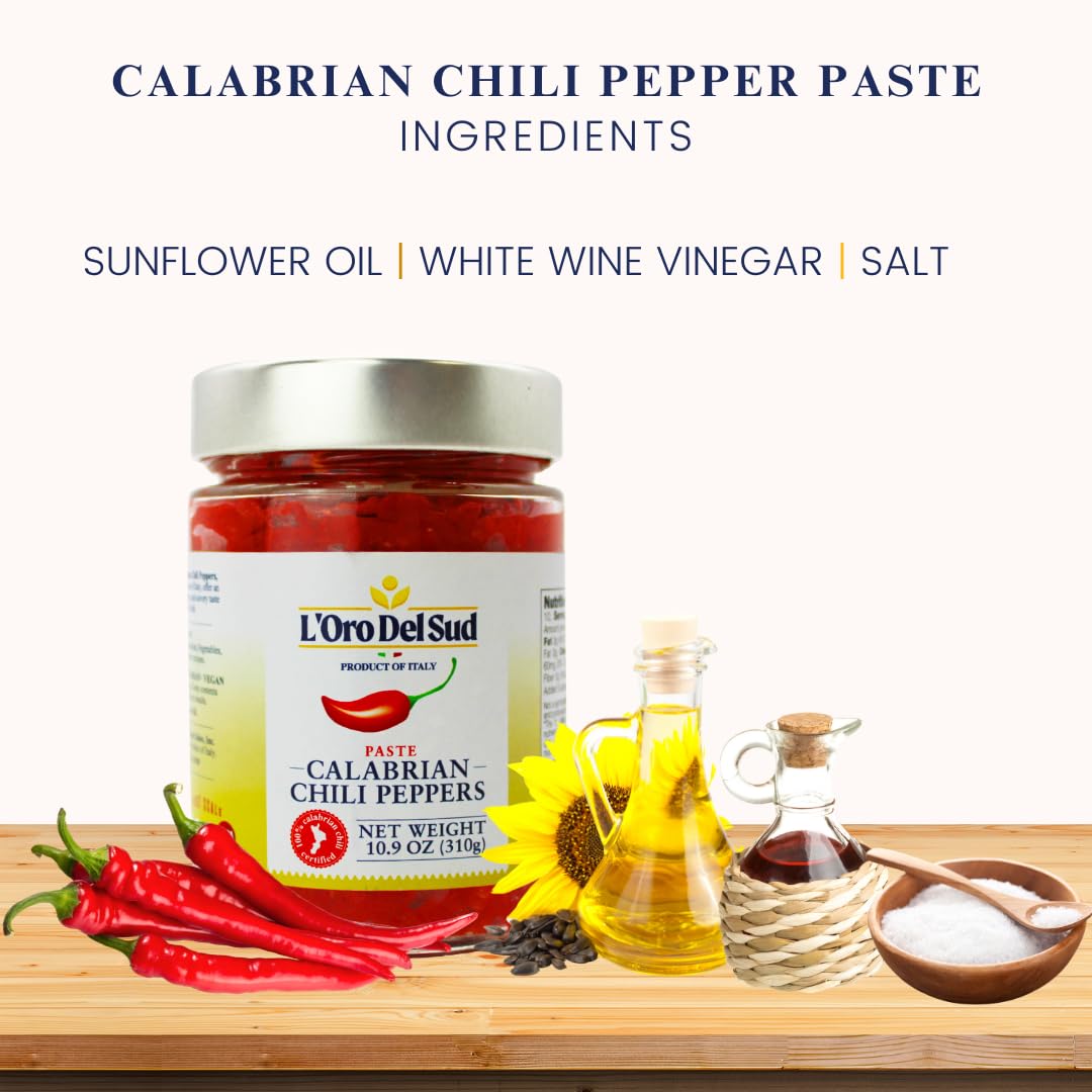L Oro Del Sud Calabrian Chili Pepper Paste, Mild Spice, No Seeds, Certified, Peppers are Grown in Calabria, Calabiran Chili Pat