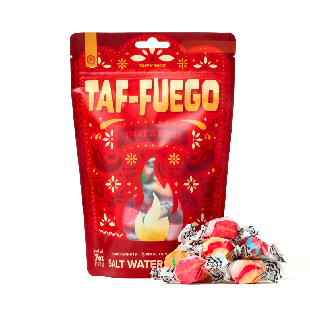 Taffy Shop Taf-Fuego, Spicy Salt Water Taffy – Assorted Gourmet Soft Chewy Candy, Variety Pack, Bulk Sweet Snack, Fresh Gift & Gluten-Free, 30 Individually Wrapped Pieces (7Oz)