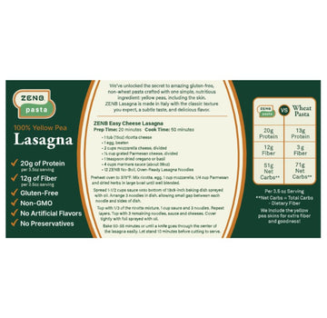 ZENB Plant-Based Lasagna - Pasta Made From 100% Yellow Peas, Gluten Free, Non-GMO & Vegan, Less Carbs than Traditional Pastas, 2
