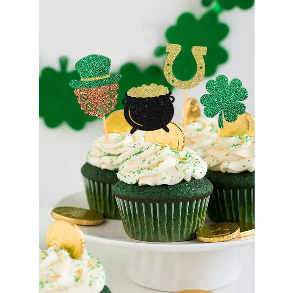 Moitkptt St Patricks Day Cupcake Toppers, 24 Pcs Four Leaf Clover & Leprechaun Hat Mix A