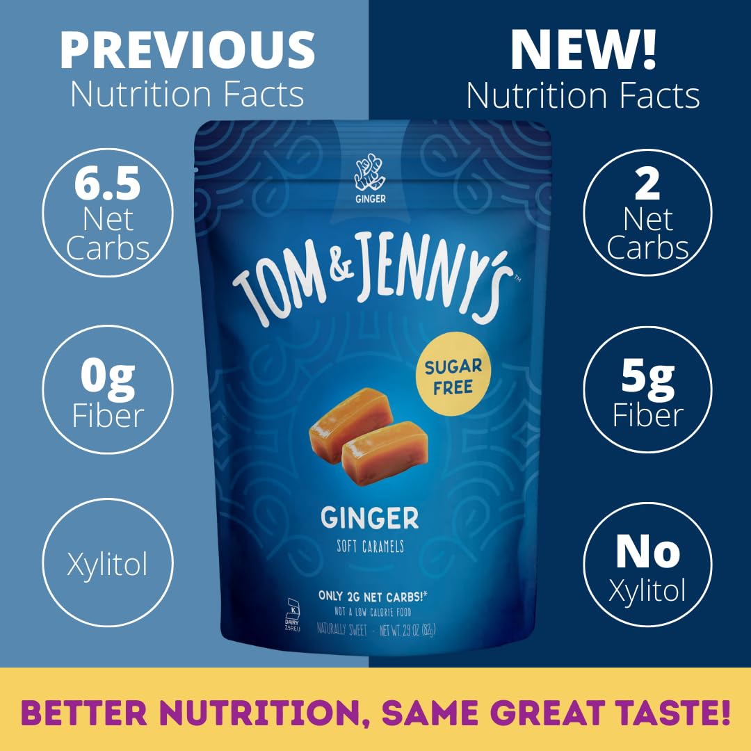 Tom & Jennys Sugar Free Soft Caramel Candy with Sea Salt and Ginger Powder, 2.9 Ounce, Keto Friendly, Low Net Carb