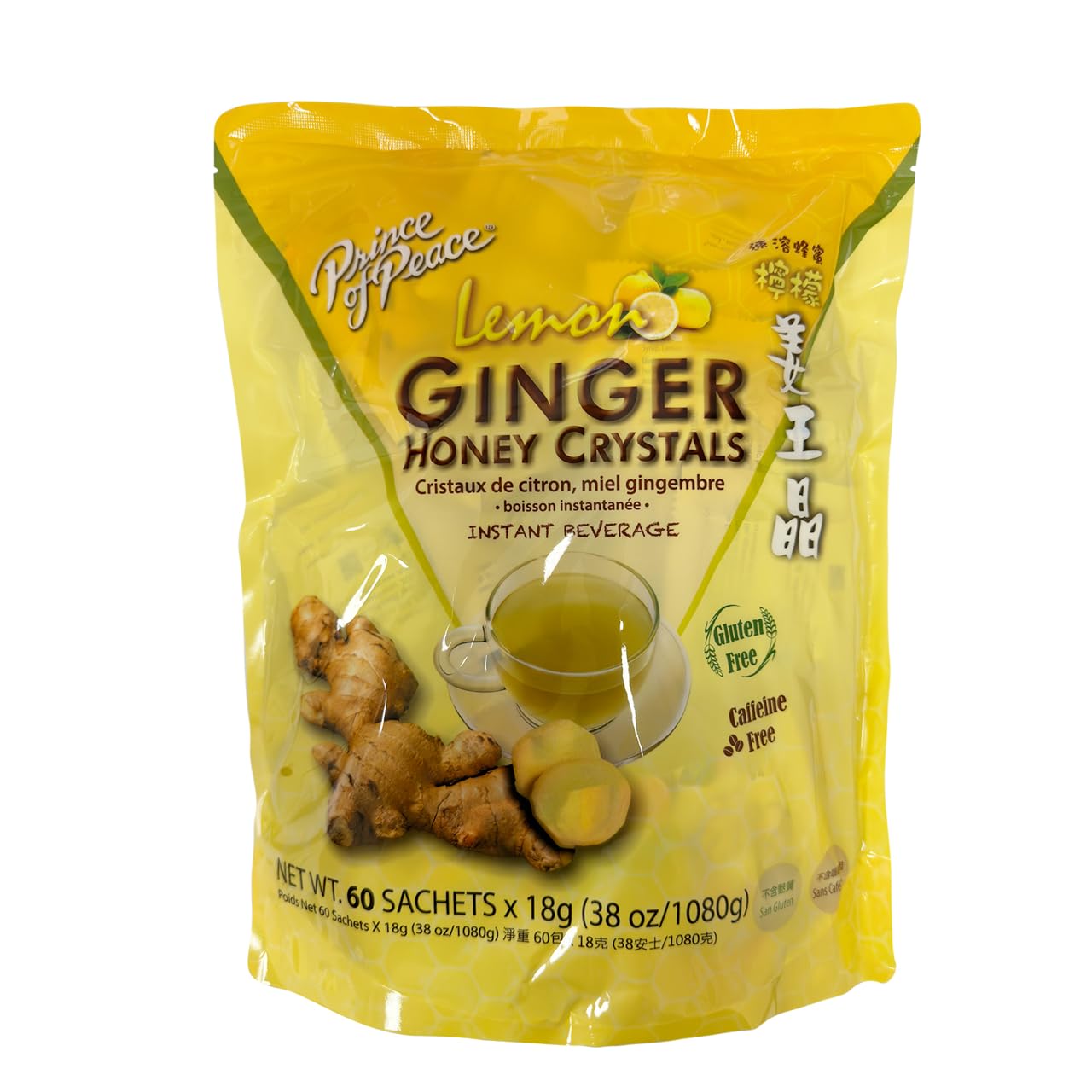 Prince Of Peace Instant Ginger Honey Crystals with Lemon - 60 Sachets - Caffeine and Gluten Free - Easy to Brew Hot or Cold Beverage