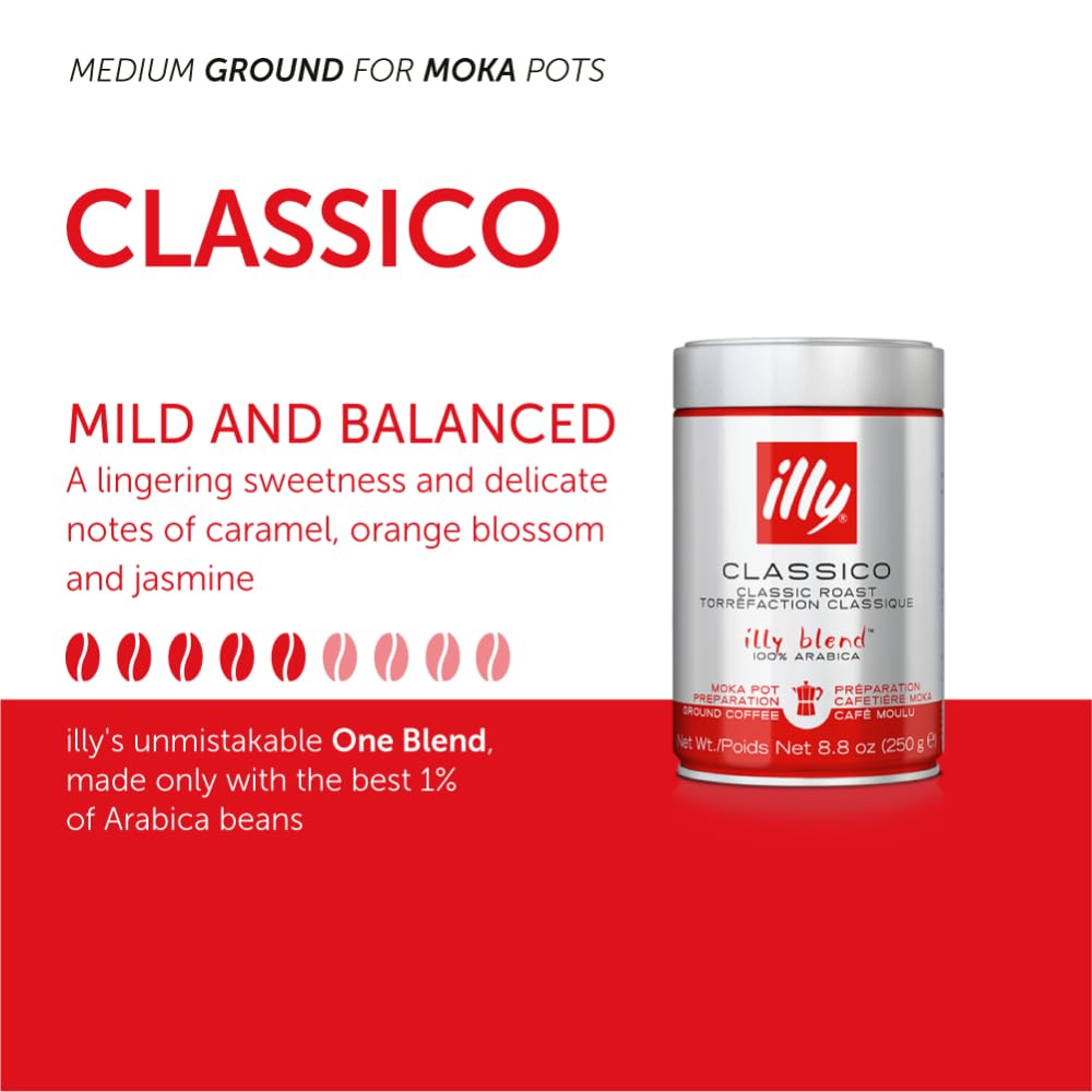 illy Ground Coffee Moka - 100% Arabica Beans - Rich Aromatic - Classico Medium Roast - Notes of Caramel, Orange Blossom & Jasmin