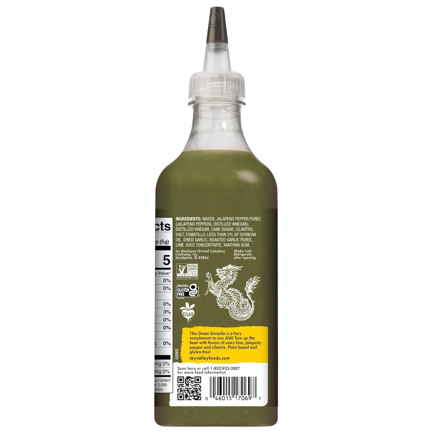 Sky Valley Green Sriracha Sauce - Spicy Green Sriracha Hot Sauce, Lime, Jalapeno Pepper, Cilantro, Plant Based, Vegan - 17.25 Oz
