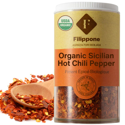 Filippone Organic Sicilian Chili Flakes, Shaker, 20 g (0.70 oz), Spicy Herb Seasoning, Fresh Grown in the Mountains of Sicily, I