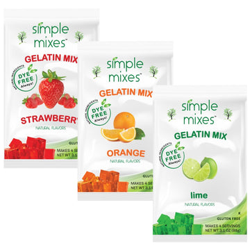 Simple Mixes Natural Gelatin Dessert, Variety Pack, Strawberry, Orange, & Lime, Healthy Snack, Dye-Free, No Gluten or Fat, Koshe