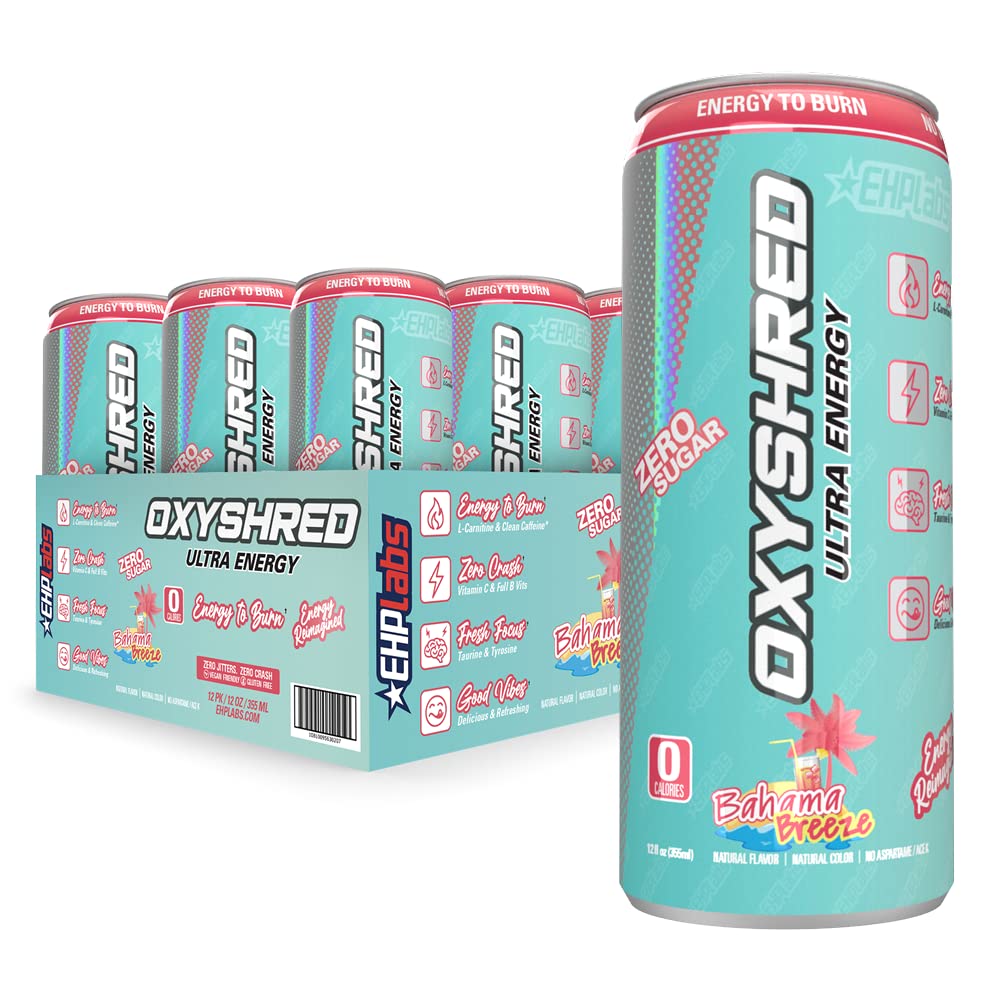 EHPlabs OxyShred Ultra Energy Drink - Carbonated, Zero Sugar, Natural Caffeine, Bahama Breeze, 12-Pack