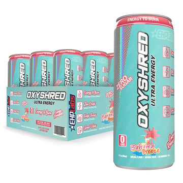 EHPlabs OxyShred Ultra Energy Drink - Carbonated, Zero Sugar, Natural Caffeine, Bahama Breeze, 12-Pack