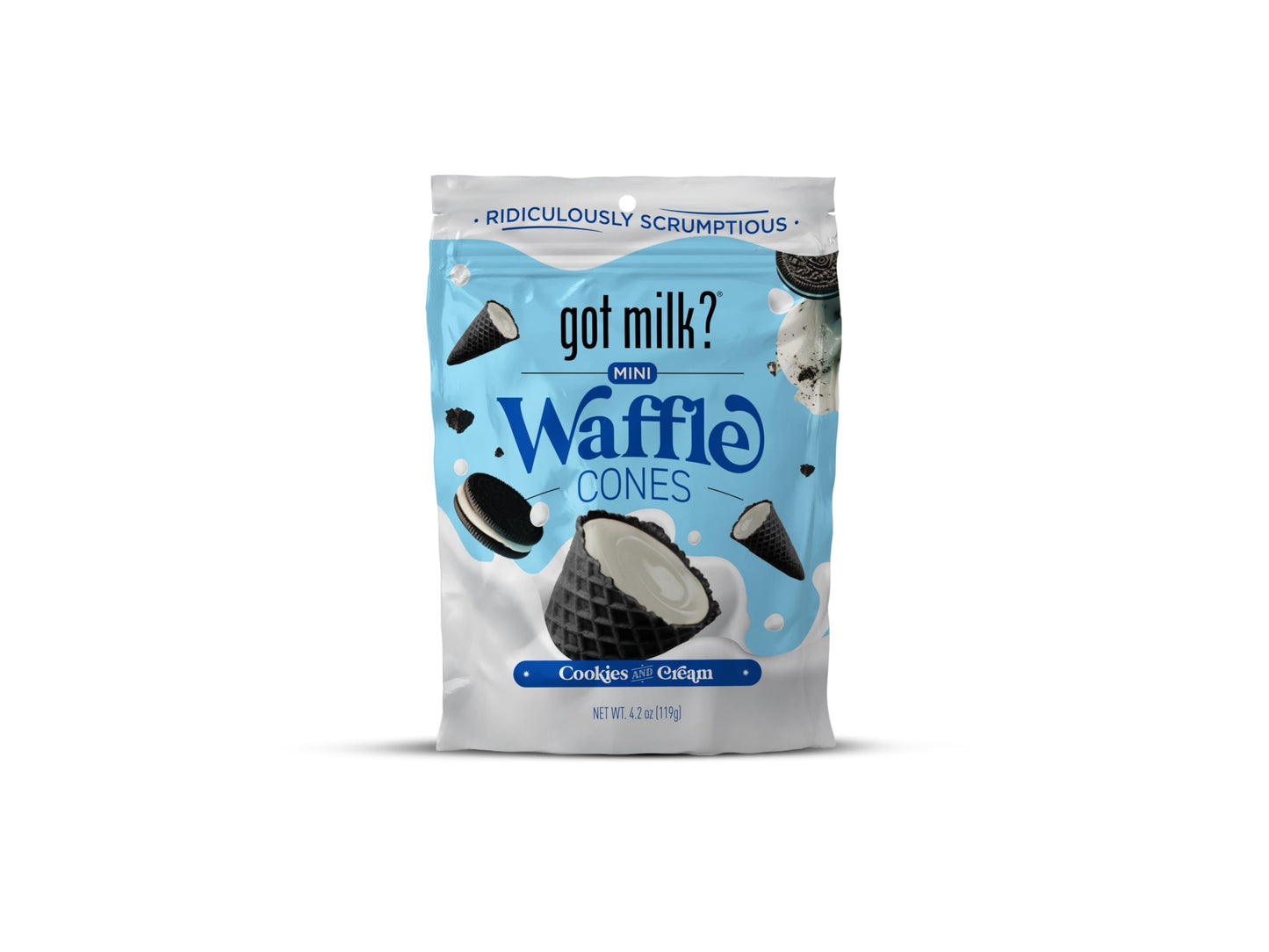 got milk? Mini Waffle Cones, Cookies and Cream, 4.24 Oz. / 119g Resealable Bag, Delicious White Chocolate Filled Cocoa Waffle Co