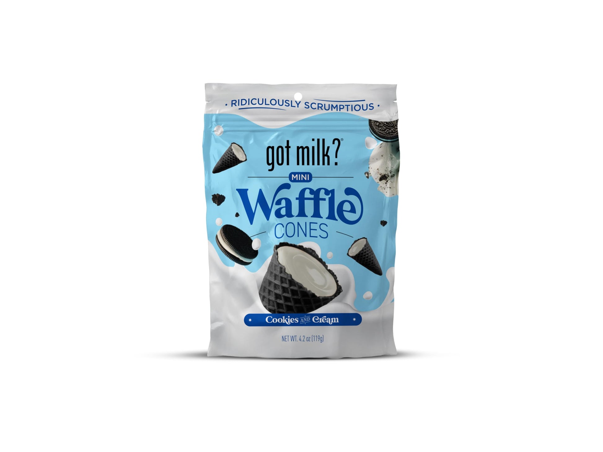 got milk? Mini Waffle Cones, Cookies and Cream, 4.24 Oz. / 119g Resealable Bag, Delicious White Chocolate Filled Cocoa Waffle Co