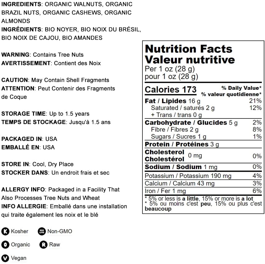 Food To Live - Organic Mixed Raw Nuts, 8 Ounces Cashews, Brazil Nuts, Walnuts, Almonds, Non-Gmo, Kosher, Raw, Vegan, Unsalted, B