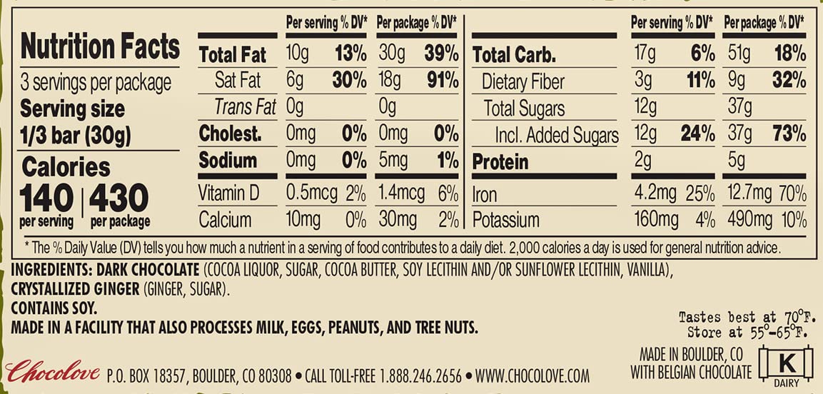 Chocolove Chocolate Bar, Ginger Crystallized In Dark Chocolate, 3.2 Ounce (Pack Of 12)