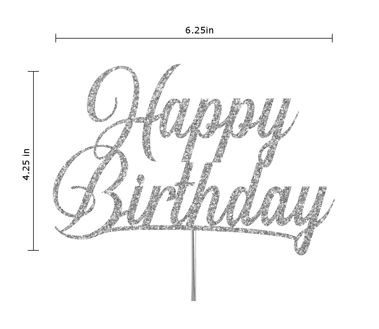 RokAPary Happy Birthday Glitter Cake Topper, Double-Sided Acrylic, Silver
