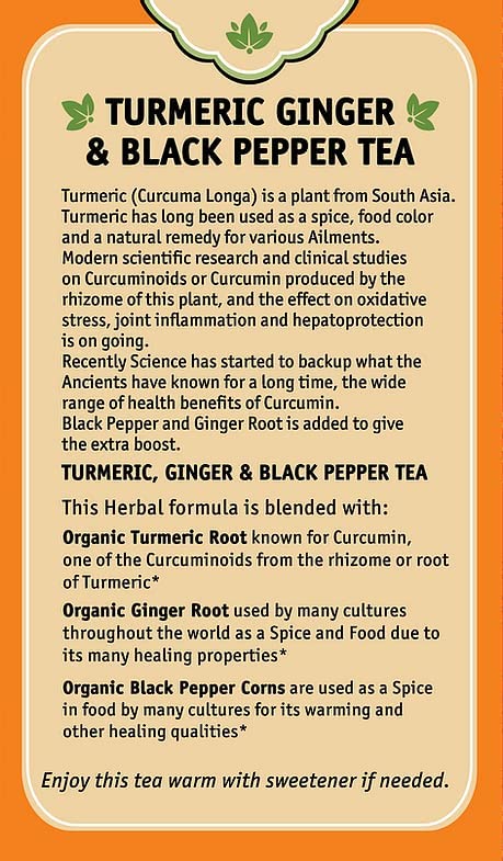 Herbal Cup Turmeric Tea, Organic Ginger & Black Pepper, Caffeine-Free, 16 Count, Pack of 1, Model 0609224863165