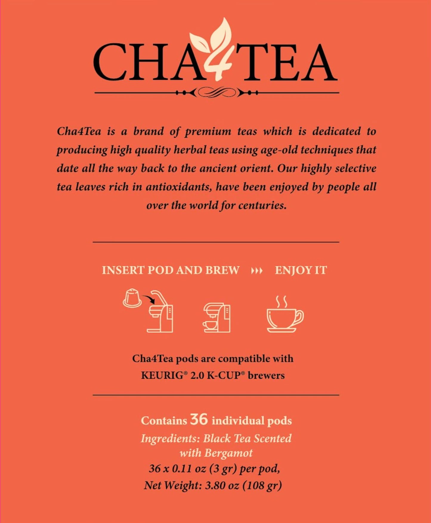 Cha4TEA Earl Grey Tea Pods - 36 Count, Compatible with Keurig K-Cup, Bold Black Tea with Bergamot Flavor