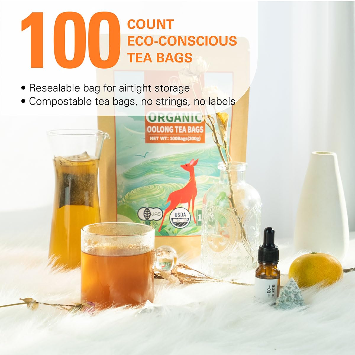 Wt Weetee Organic Oolong Tea Bags, Usda Organic Oolong Tea 100 Count, Mild & Refreshing, Natural Caffein, Unsweetened Healthy Te
