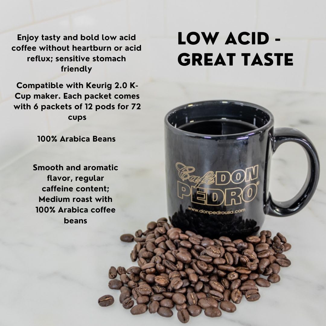 Cafe Don Pedro Low Acid Coffee Pods, 100% Arabica, Compatible with Keurig, 72 Count Pack