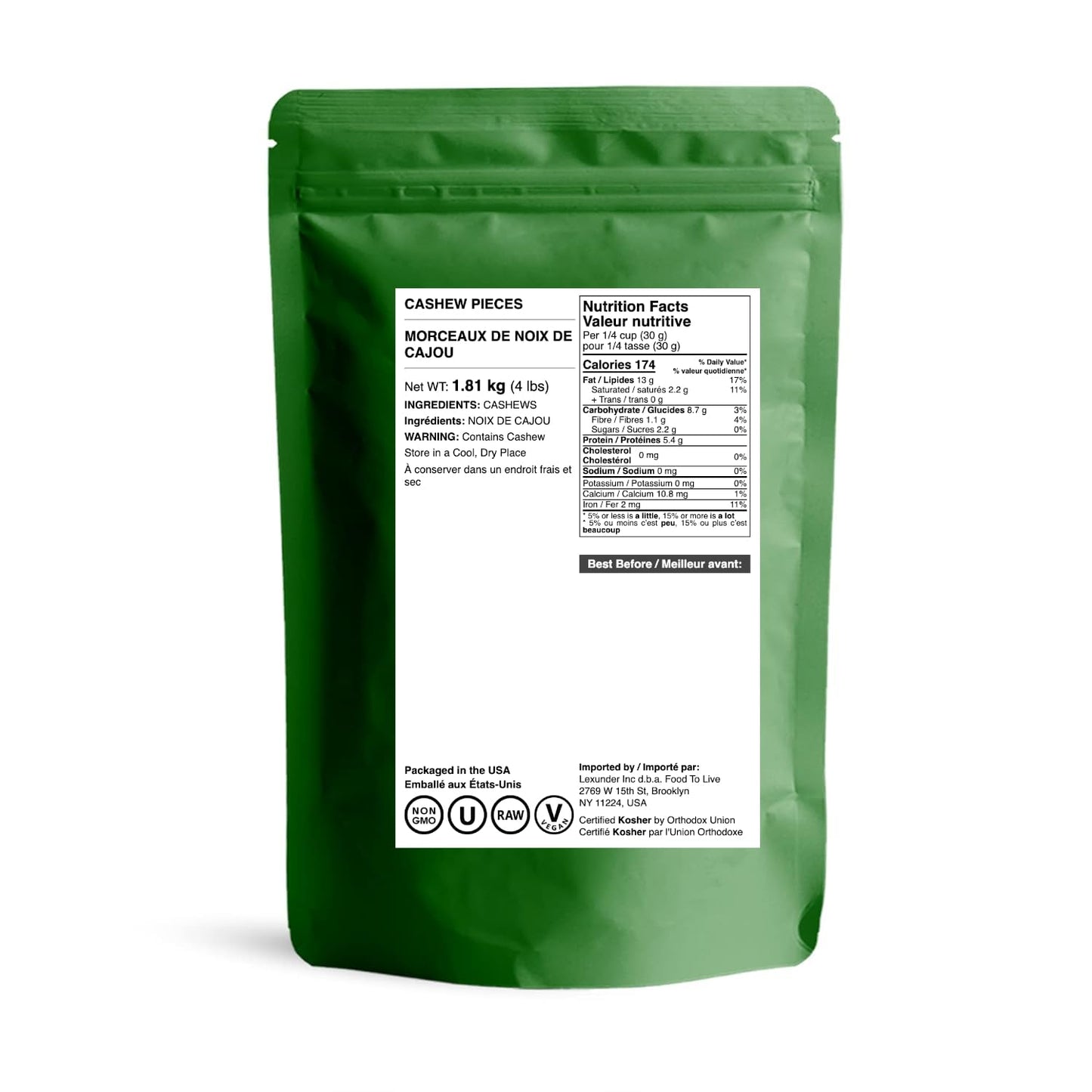 Food to Live Cashew Pieces, 4 Pounds - Kosher, Raw, Vegan, Paleo Friendly, Unsalted, Unroasted, Bulk, Rich in Selenium, Zinc, Ma
