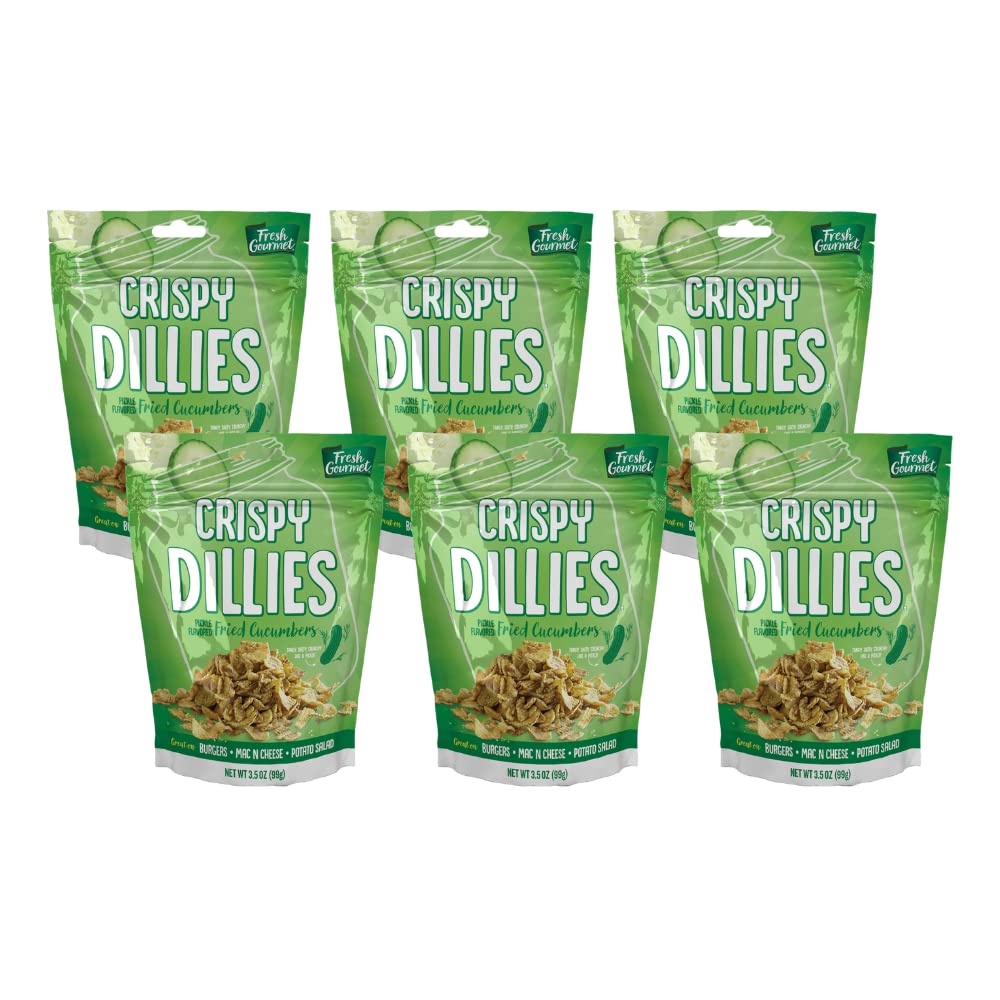 Fresh Gourmet Crispy Dillies Pickle Flavored Fried Cucumbers | 3.5 Ounce, Pack of 6 | Low Carb | Crunchy Snack and Sandwich Topp
