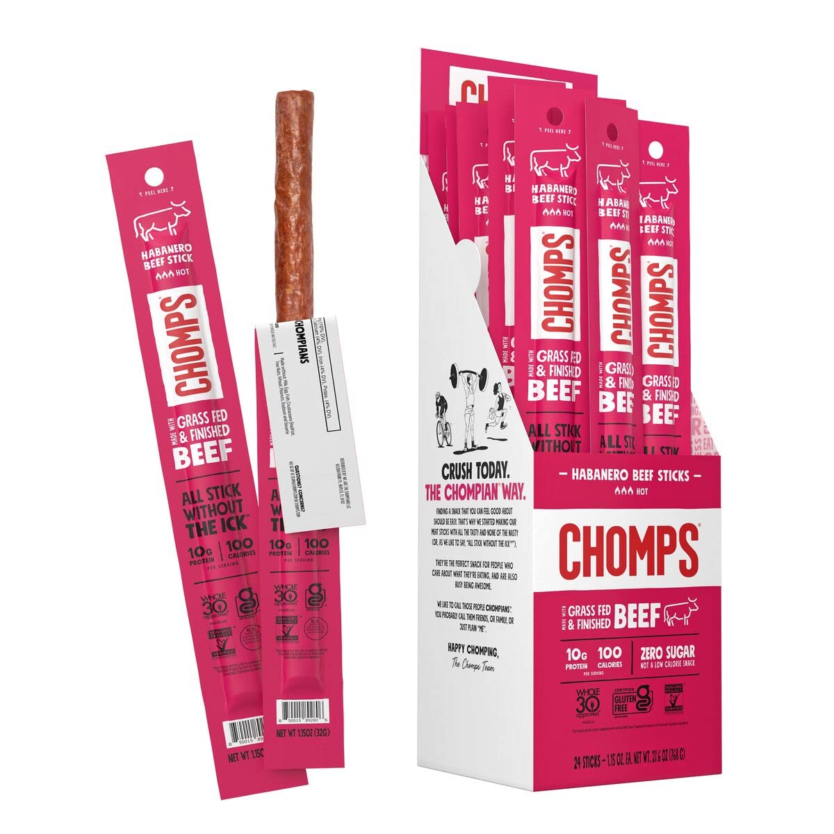 Chomps Spicy Habanero Beef Jerky Snack Sticks - 24-Pack, Gluten-Free, Zero Sugar, Keto, Paleo, Whole30, 10g Protein