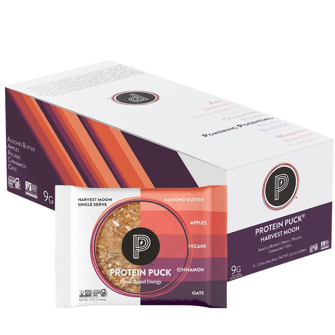 Protein Puck Plant Based Bars - Vegan Protein Snacks, Gluten Free, 2.25 oz Single Serve, 16 Count, Kosher Certified