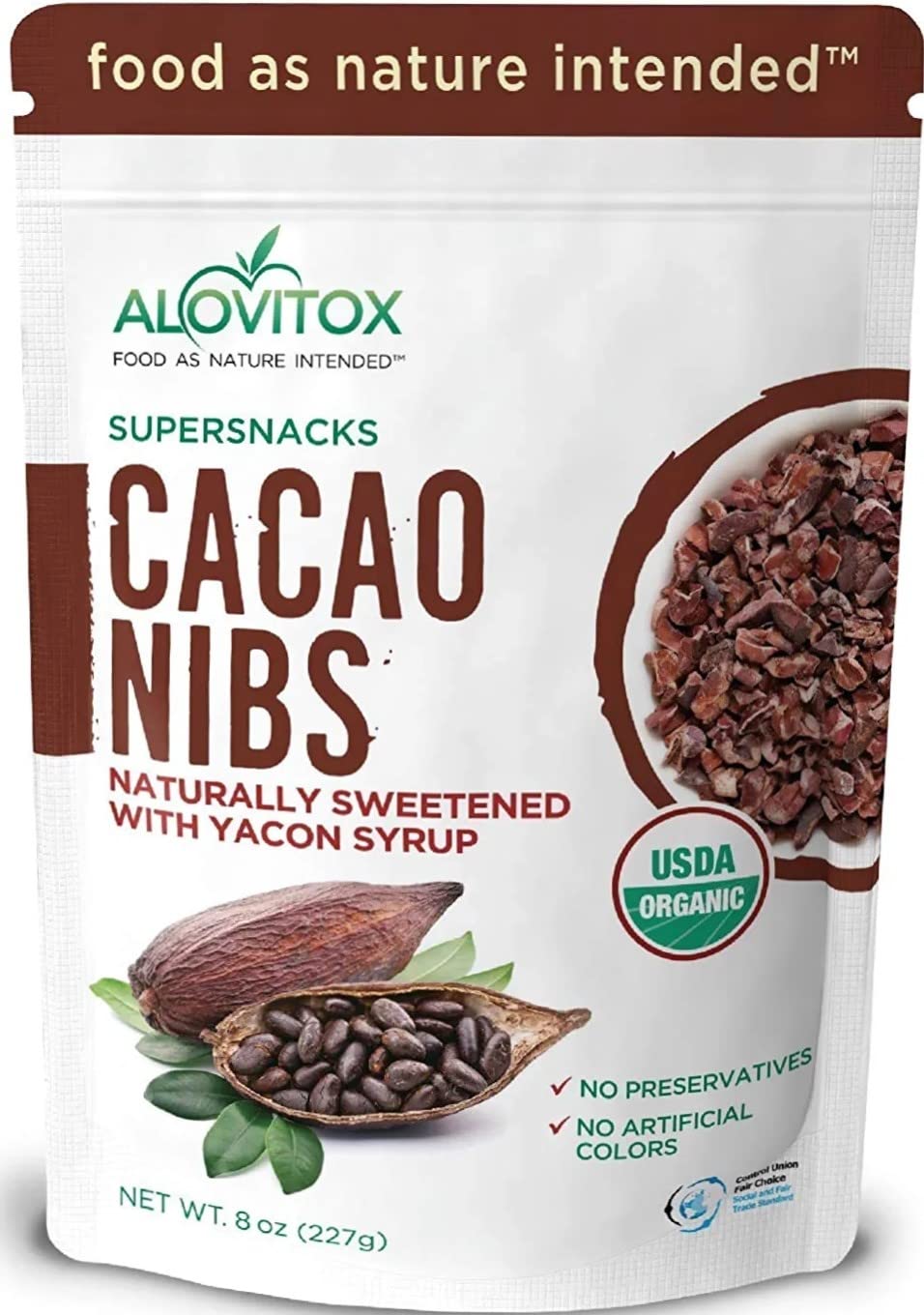 Alovitox Cacao Nibs with Organic Yacon Syrup, Raw, Non-GMO, Sugar Free, Keto, Paleo, Vegan, 8 Oz