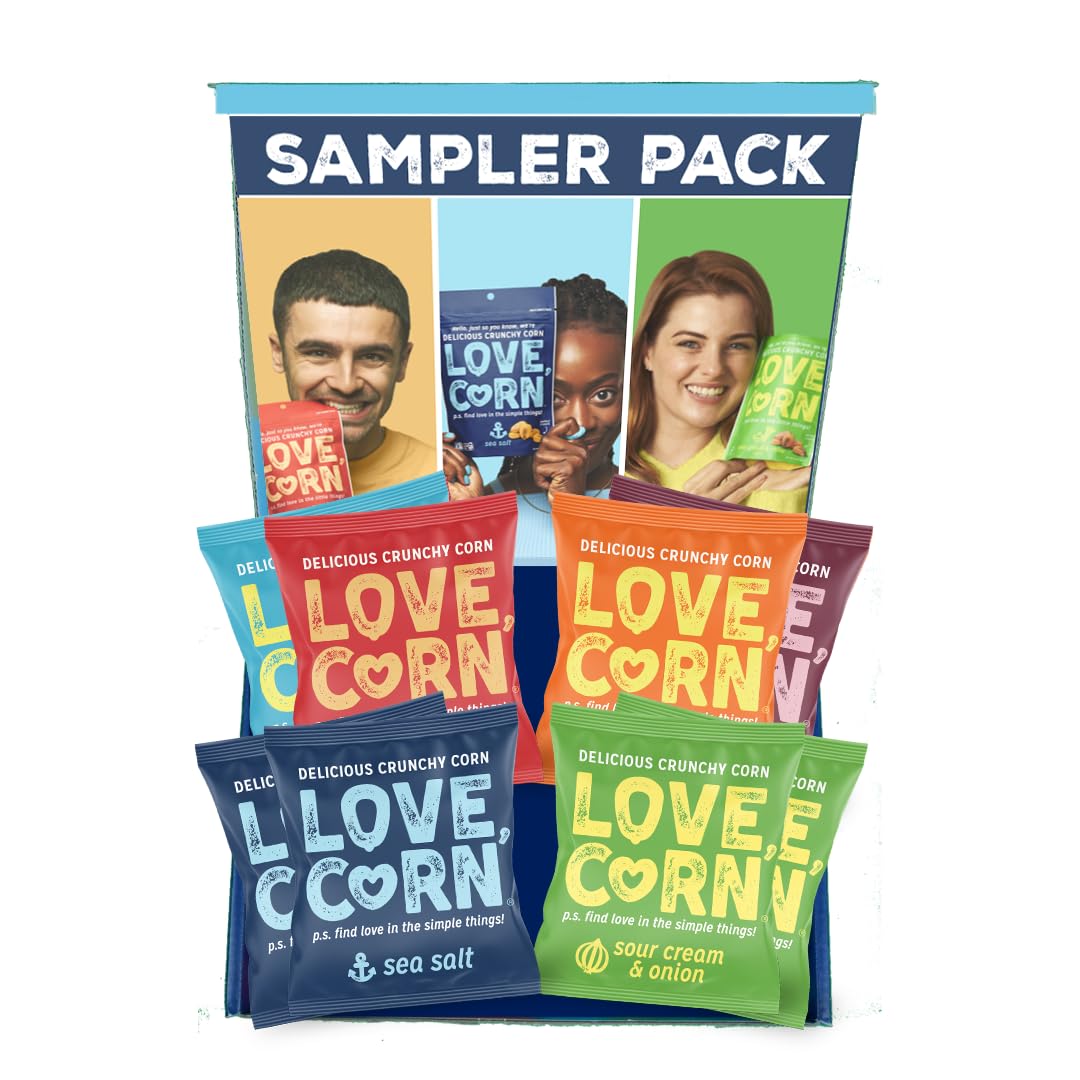 LOVE CORN Sampler Variety Pack 0.7oz x 8 Bags [2x Sea Salt  2x Sour Cream and Onion  1 Each of Cheddar  BBQ  Salt & Vinegar and Hot & Spicy] - Delicious Crunchy Corn - Healthy Family Snacks - Gluten Free  Kosher  NON-GMO