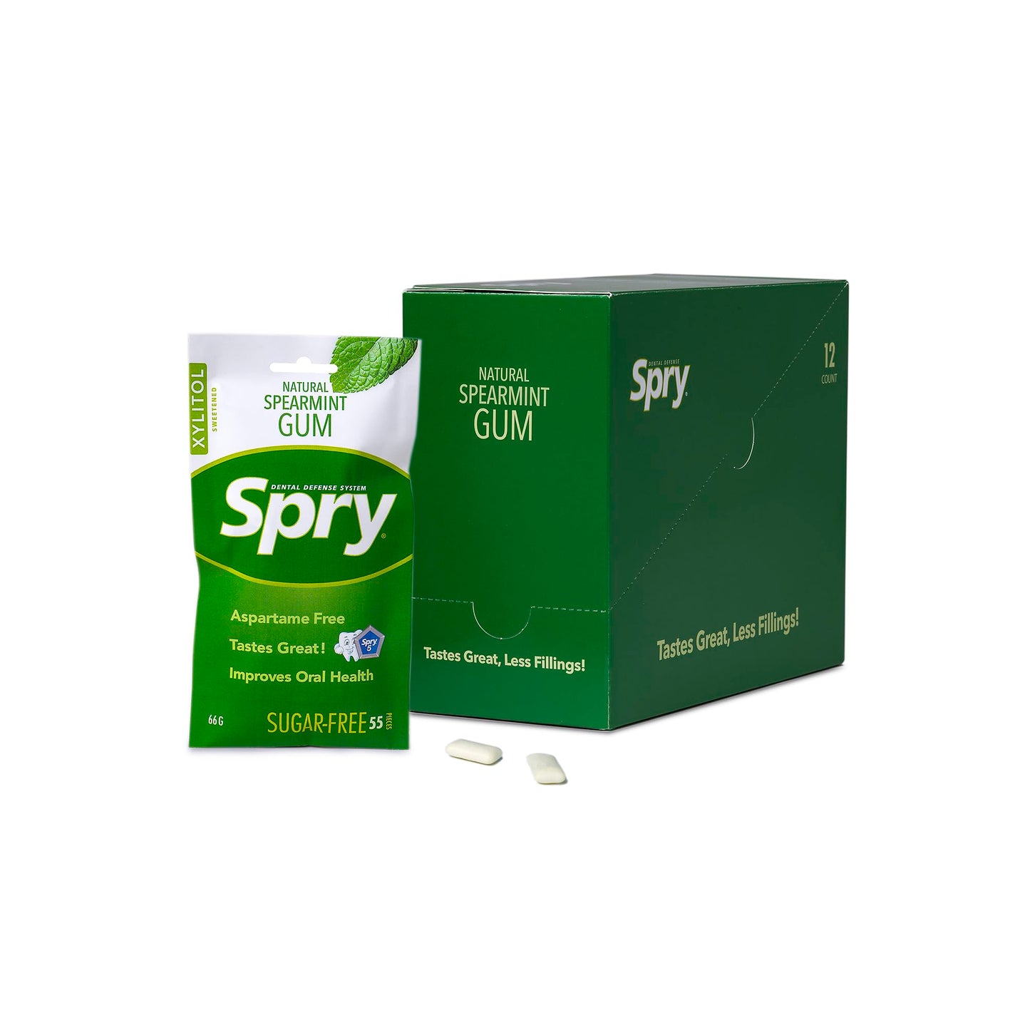 Spry Xylitol Chewing Gum - Aspartame-Free, Sugar-Free, Non-GMO, Spearmint, 55 Count (Pack of 12), Green
